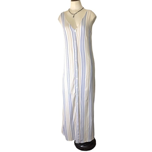 Sadie & Sage High Tide Costal Button Down Maxi Dress White Blue Tan Stripes Sz S - Picture 2 of 13